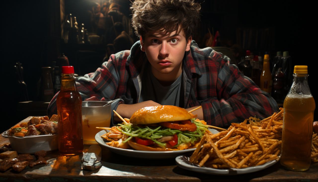 A man with a menacing look sitting in front of a plate of burgers and french fries