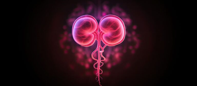 Illustration of human kidneys in pink on a black background